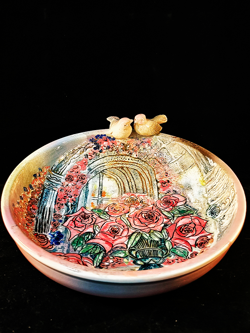 窗邊玫瑰雙鳥小語